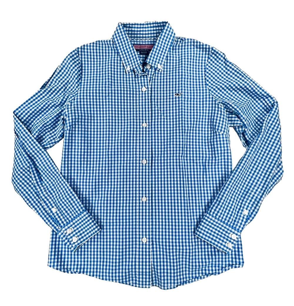 Vineyard Vines Preppy Blue Gingham Plaid Long Sleeve Button Down Shirt (Size 8)